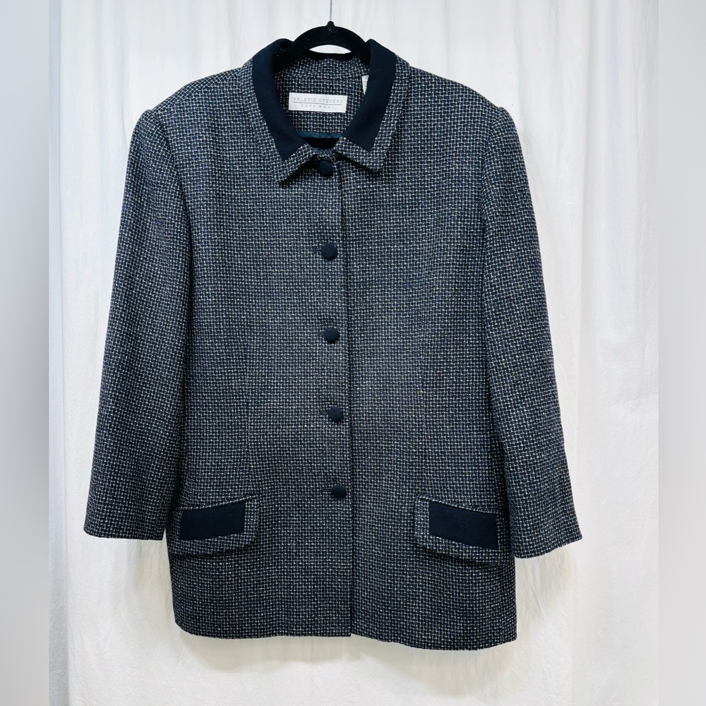 Valerie Stevens Pure Wool Tweed Jacket Blazer Size 16 Plus Navy Blue Career